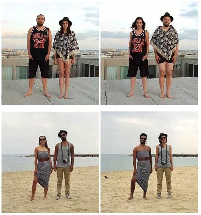 Фото поменяться местами с человеком. Поменялись одеждой. Парень и девушка поменялись одеждой. Поменялись одеждой с девушкой. Мы поменялись одеждой.