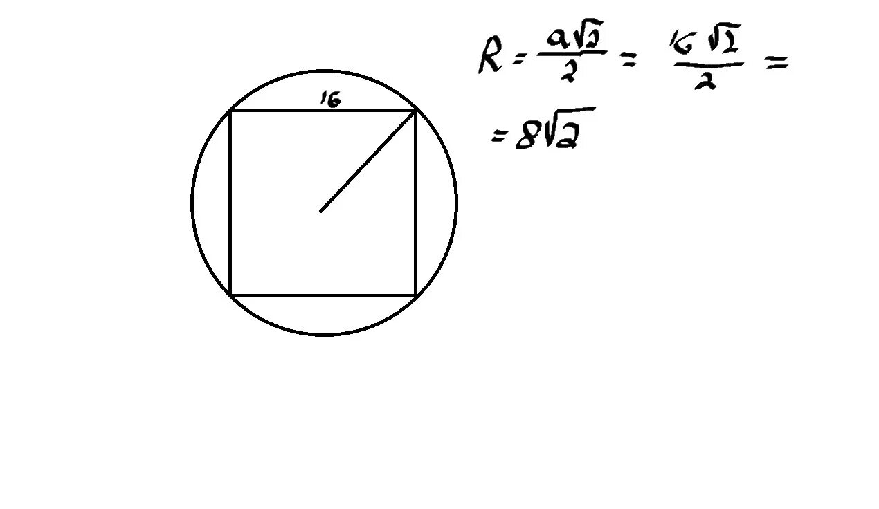 Площадь вписанного в круг квадрата равна 16. Радиус описанной окружности около квадрата. Радиус окружности вписанной около КВА. Радиус описанной окружности вокруг квадрата равен. Как найти радиус окружности описанной около квадрата.