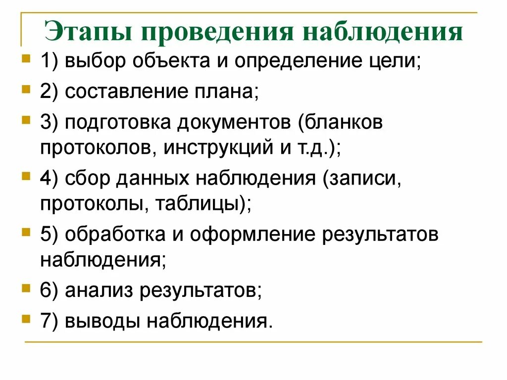 Установите последовательность этапов наблюдения