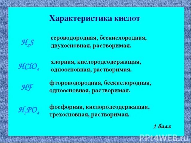 Кислородосодержащая одноосновная кислота. Характеристика сероводородной кислоты. Бескислородная, двухосновная. Характер фтороводородная кислоты. Сероводородная кислота двухосновная кислота.