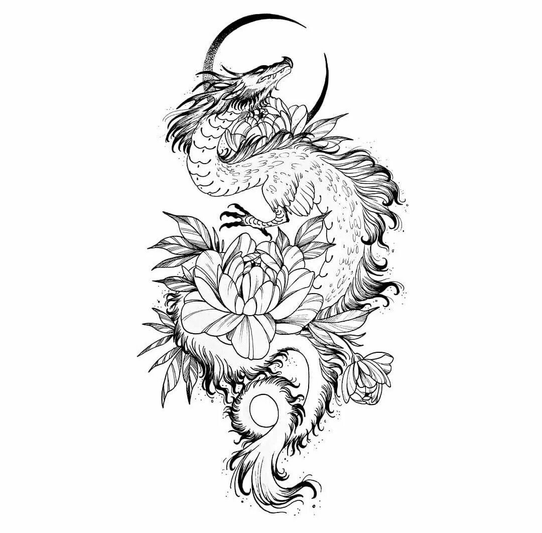 дракон в цветах эскиз. эскизы татуировок для девушек. тату дракон эскизы для девушек. тату в китайском стиле эскизы. тату дракон женские эскизы.