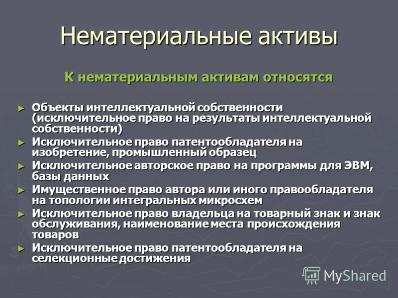 1 материальные активы это. Что относится к объектам нематериальных активов. Что относится к нематериальным активам. Что относят к НМА.