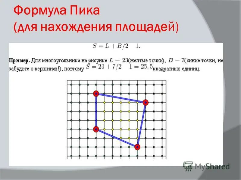 Формула нахождения площади фигуры на клетчатой бумаге