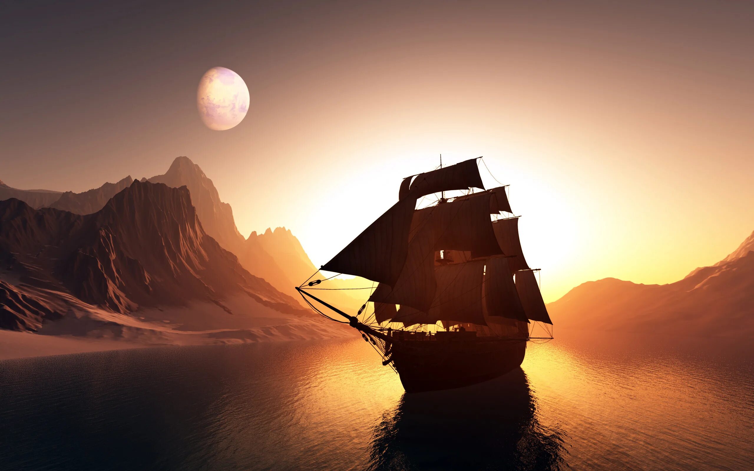 Путешествие в дальние страны. Красивый корабль. Пиратский корабль на закате. Пейзаж с кораблем. Корабль в море.