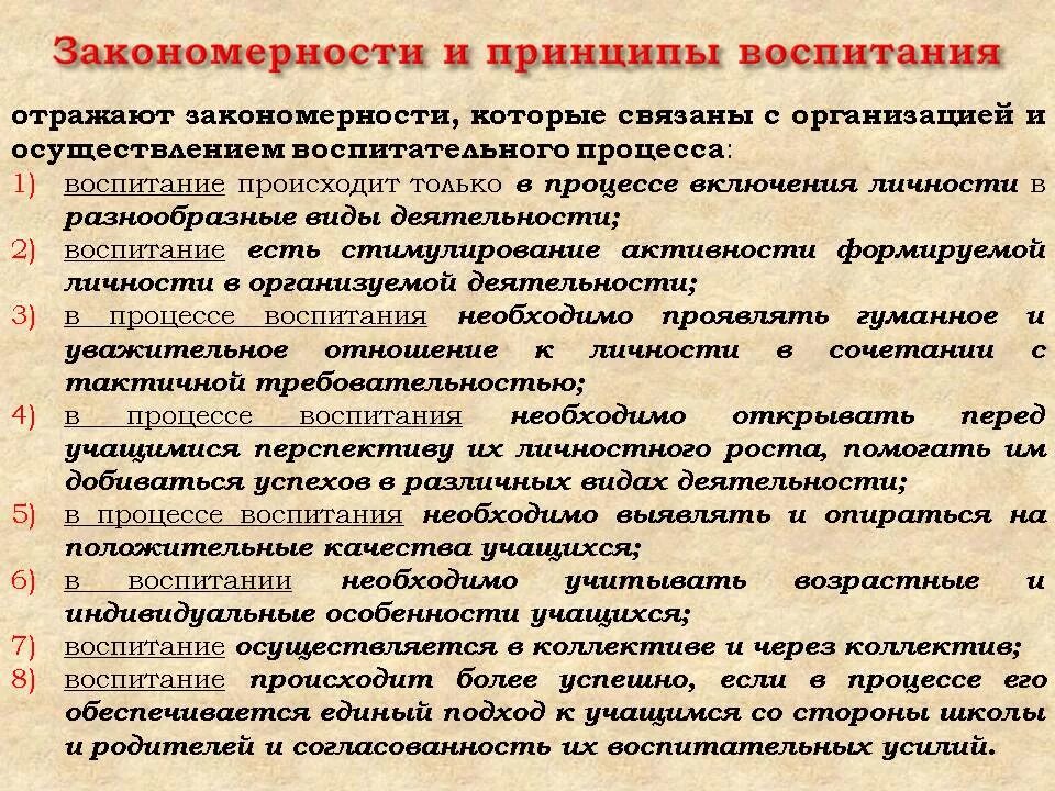 Общие принципы обучения и воспитания. Закономерности и принципы воспитания в педагогике. общие закономерности и принципы воспитания. основные закономерности и принципы воспитания. принципы и закономерности воспитательного процесса.