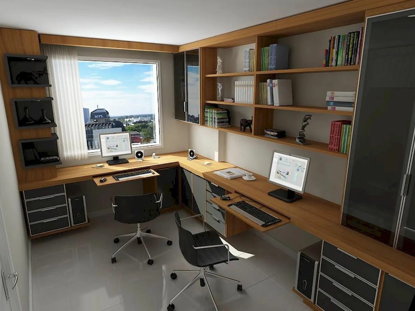 Компьютерный стол у окна. Письменный стол вдоль окна. Большой письменный стол у окна. Домашний офис интерьер.