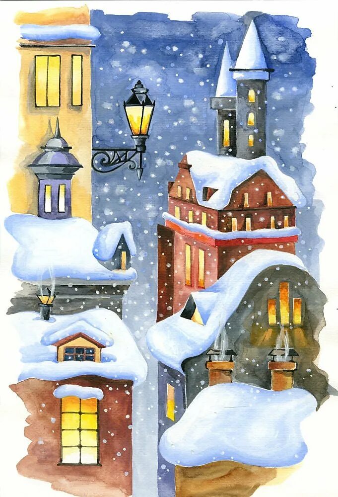 Рисование зимний город. Зимний город для детей. Декоративный городской пейзаж. Рисование зима в городе. Город зимой рисунок.