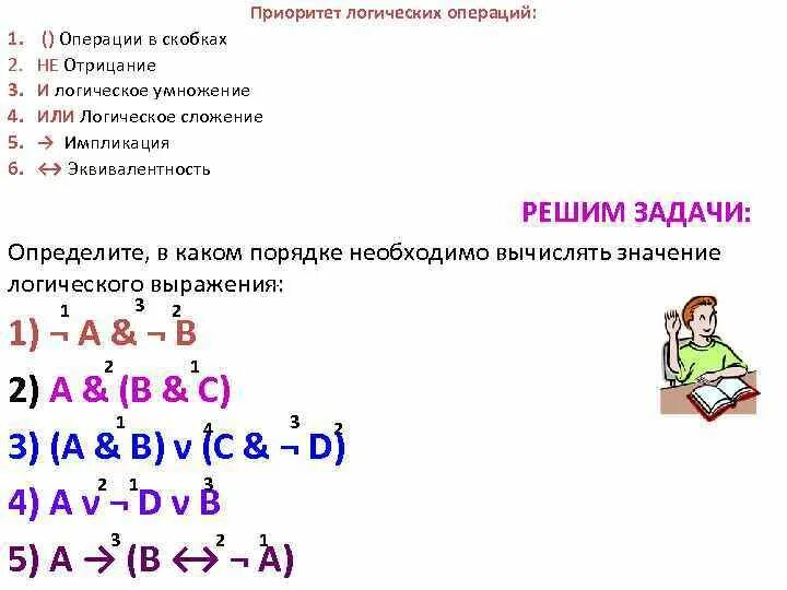 Приоритет операций в логике. Логические операции в порядке приоритета. Приоритет операций в алгебре логики. Приоритет логических операций в информатике. Расставьте порядок выполнения операций