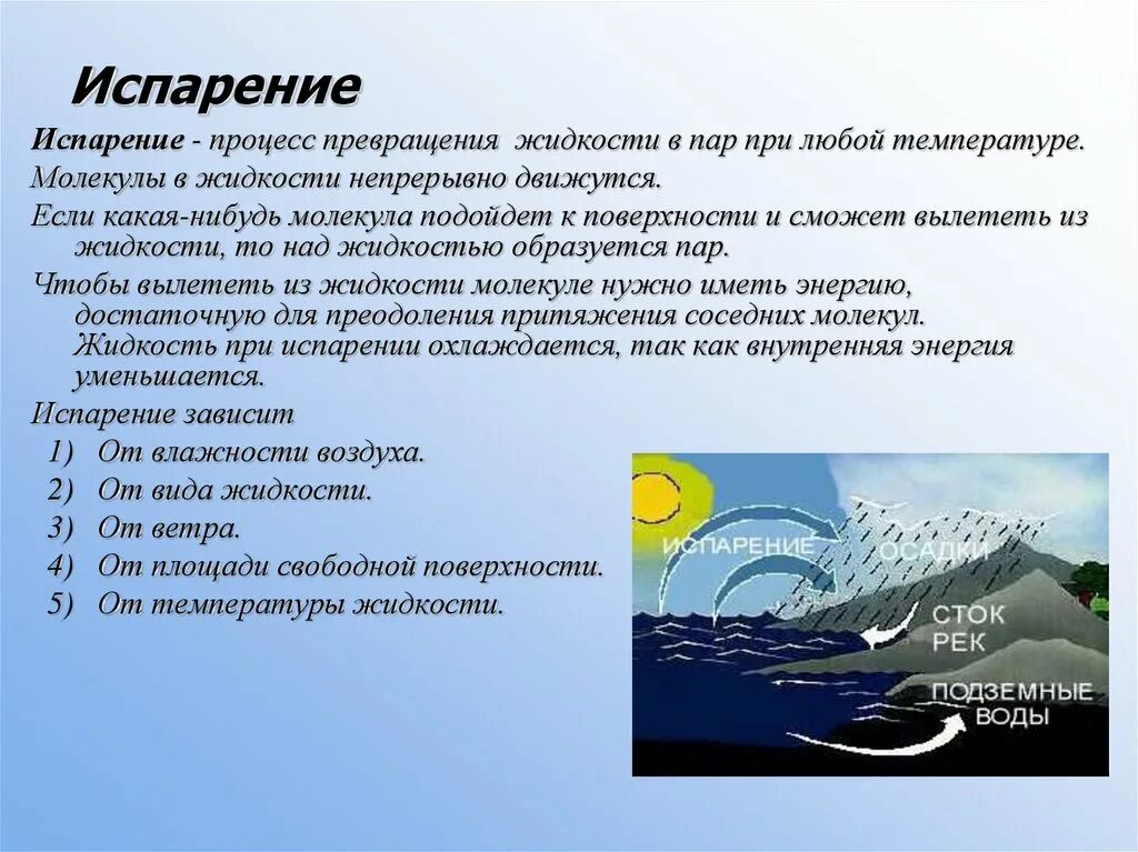 Испарение. Процесс испарения. Процесс испарения в природе. Процесс испарения воды в природе.