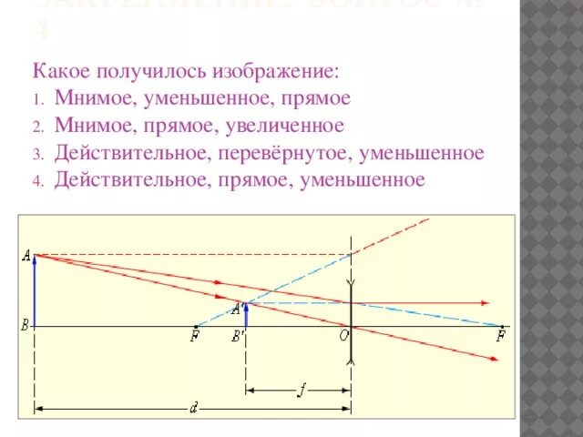 Какая линза дает мнимое прямое прямое. Мнимое уменьшенное изображение. Действительное прямое уменьшенное. Действительное перевернутое уменьшенное. Действительное прямое увеличенное изображение.