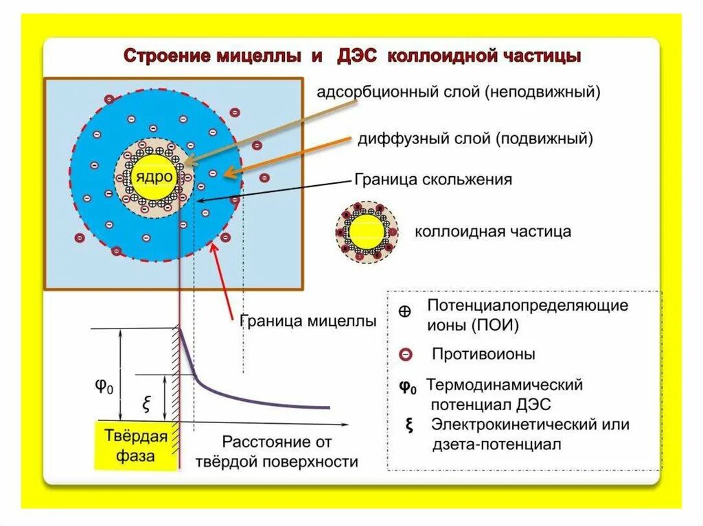 Заряд коллоидных частиц. Строение ДЭС мицеллы. Строение двойного электрического слоя коллоидных растворов. Строение двойного электрического слоя коллоидной частицы. Строение двойного электрического слоя мицеллы.