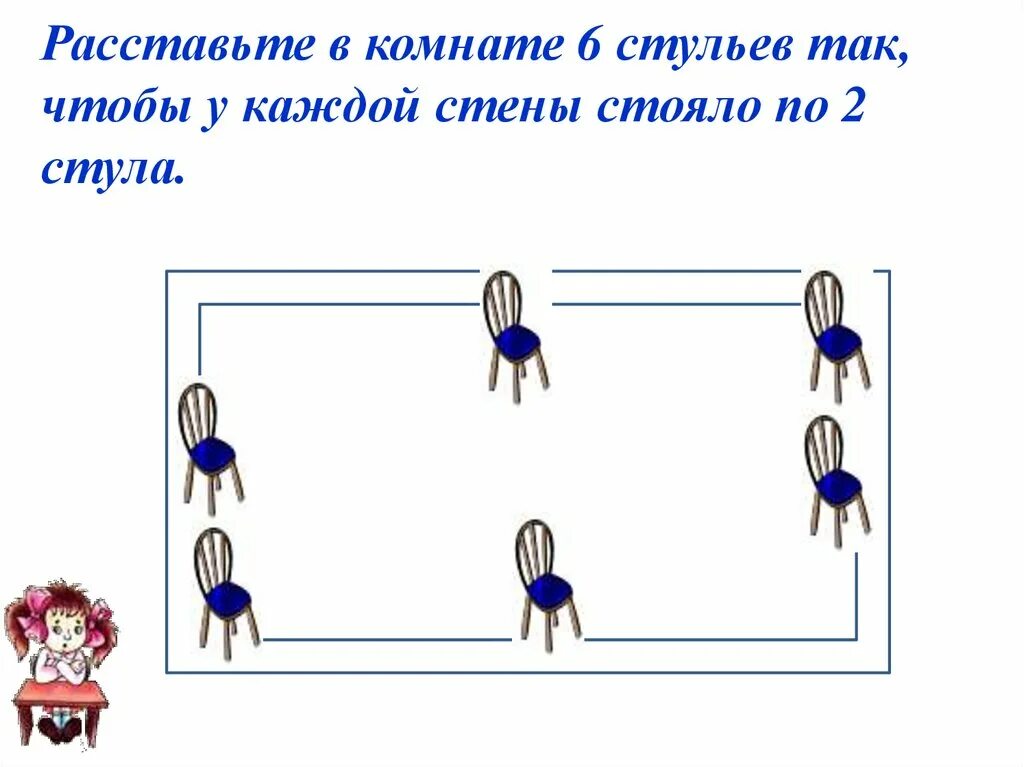 Как поставить 2 стула. Расстановка стульев задача. Расстановка стульев у стены. Расставь стулья так чтобы у каждой стены. Задачи на расстановку стульев в прямоугольной комнате.