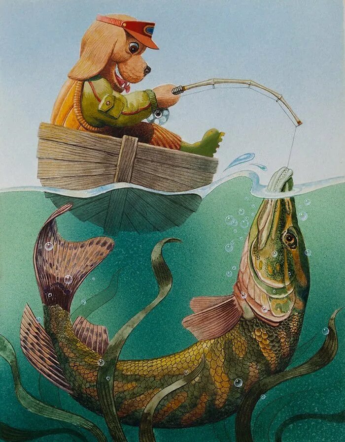 Щука ловит рыбу. Щука живопись. Щука картина. Рыбак иллюстрация. Рыбак с удочкой и рыбой.