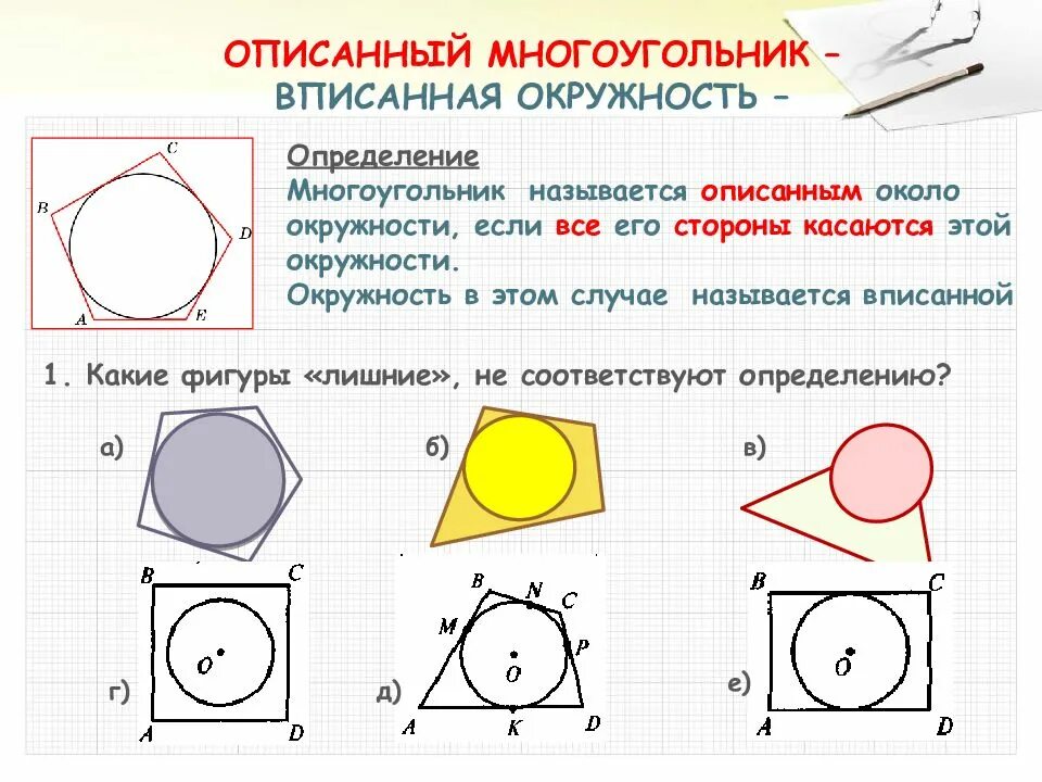 Вписанные и описанные многоугольники. Описанный многоугольник. Вписанные и описанные фигуры. Окружность вписанная в многоугольник.