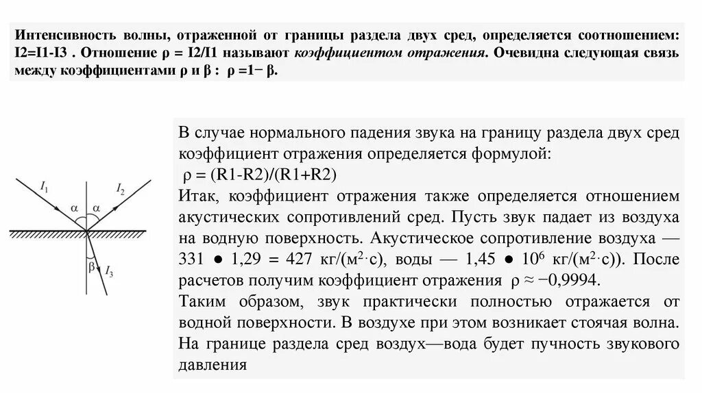 Отражение волны от более плотной среды. Коэффициент прохождения и отражения. Интенсивность отраженной волны. Интенсивность отраженной волны. Коэффициент отражения волны.