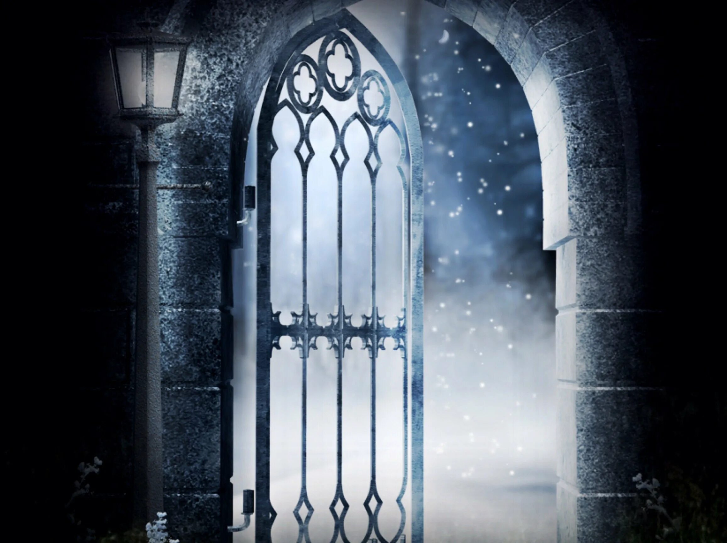 Открытая дверь в сказку. Готические ворота. Окно в замке. Готическая арка. Сказочные ворота.
