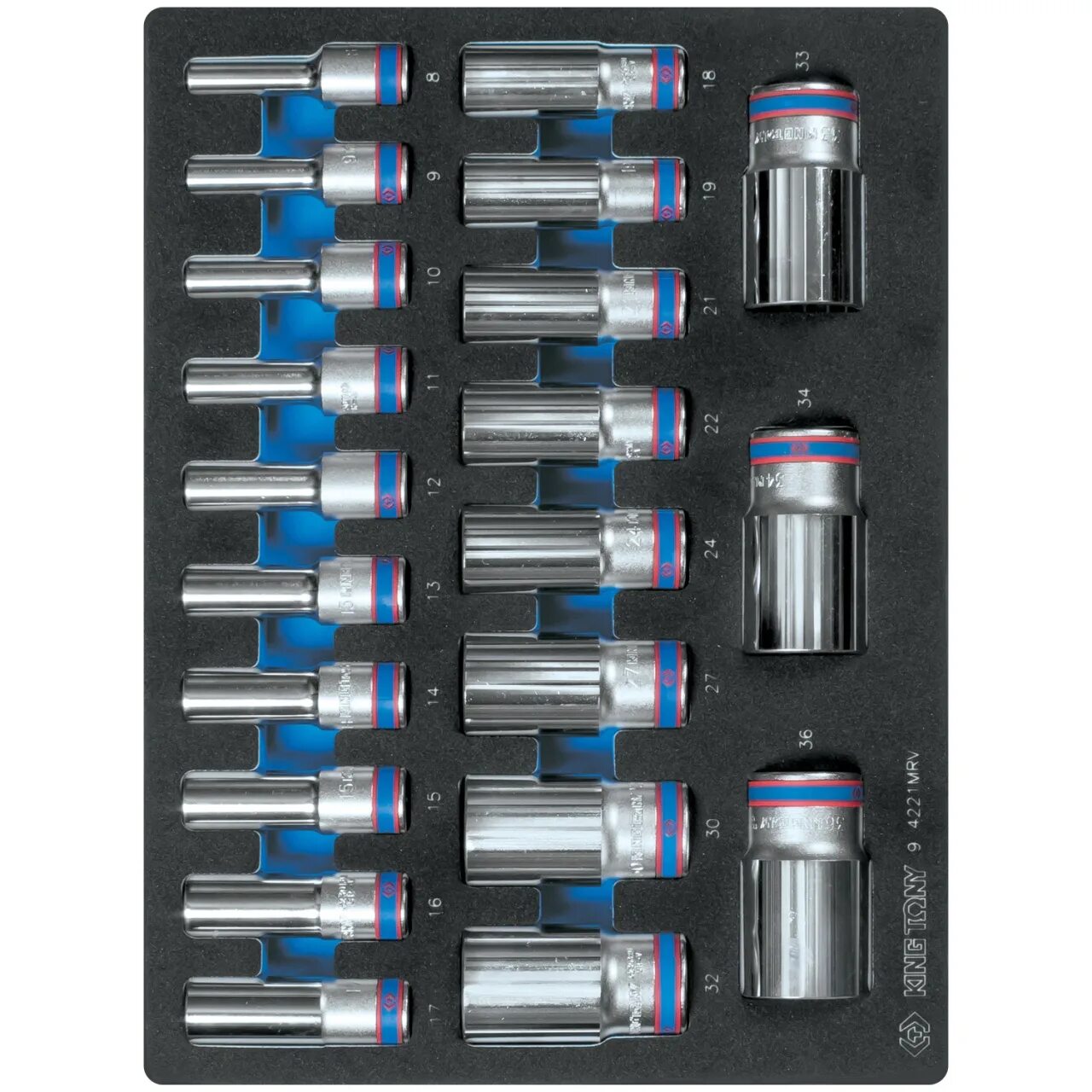 Набор глубоких торцевых головок (21 шт; 8-36 мм; 1/2"; 12-гранные) King Tony 9-221mrv. Набор удлиненных головок 1/2 King Tony. Набор глубоких торцевых головок 1/2", двенадцатигранные. Набор торцевых головок King Tony 9-4333mr03.