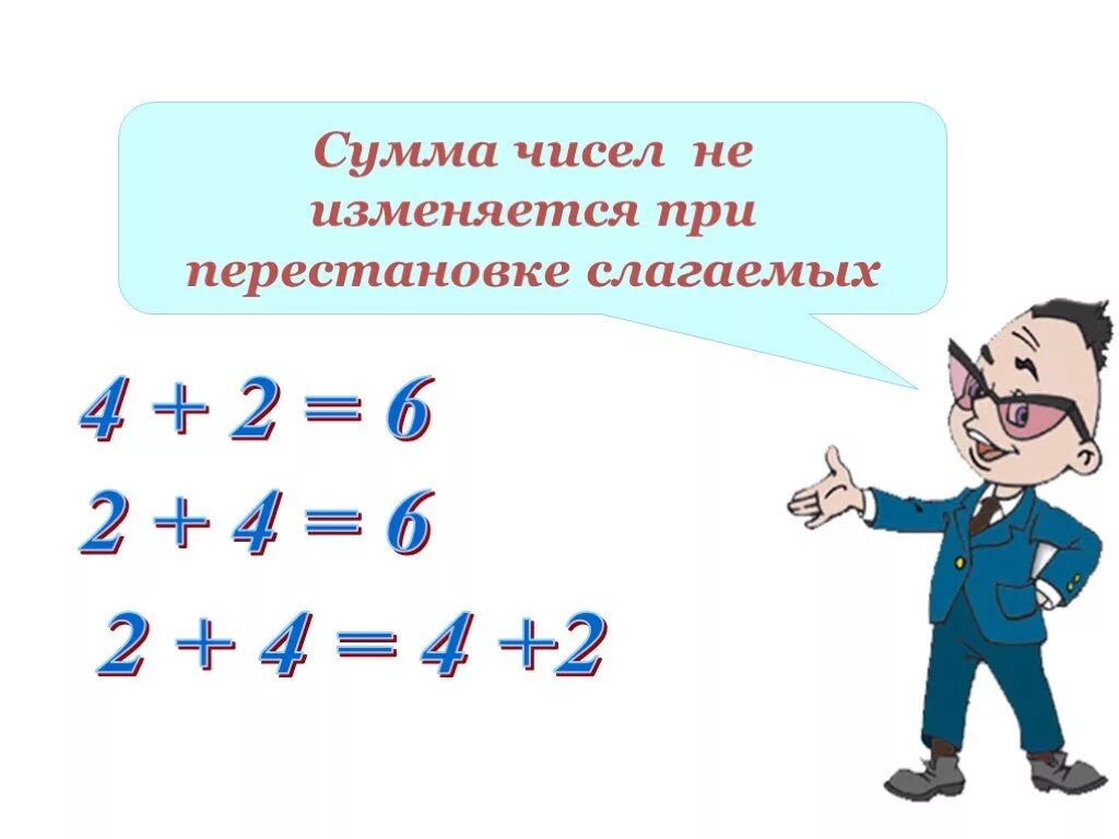 Перестановка мест слагаемых. От перестановки слагаемых сумма меняется. От перестановки слагаемых сумма не изменяется. Правило от перестановки слагаемых сумма не меняется. От перемены мест слагаемых не меняется