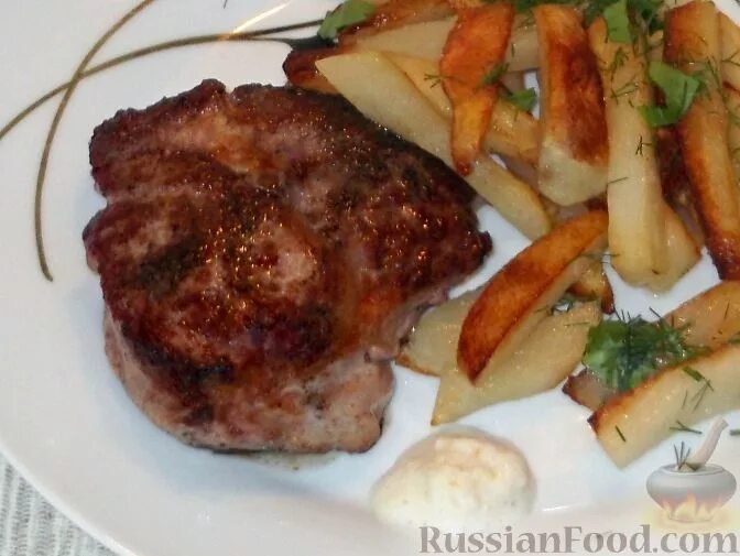Свиной стейк на сковороде Food, Meat, Steak