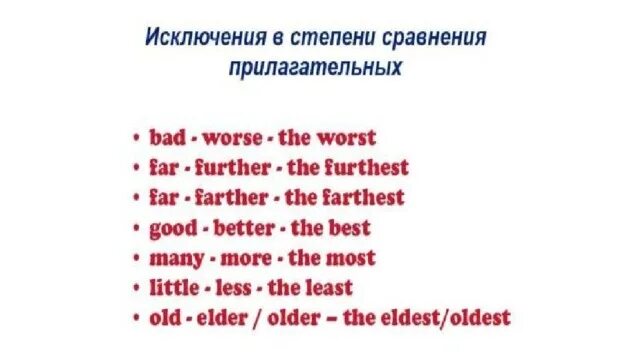 Old в сравнительной степени. Сравнительная степень исключения. Степени сравнения исключения. Степени прилагательных исключения. Сравнительная степень прилагательных исключения.