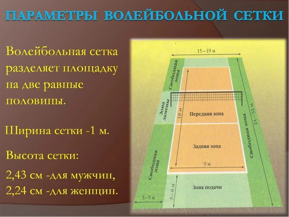 Волейбольная площадка зона подачи и передняя зона. Параметры стандартной волейбольной сетки. Высота сетки волейбольной площадки. Размеры волейбольной площадки.