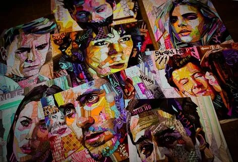 Лица знаменитых людей, будто составленные из десятков клочков бумаги, яркие...