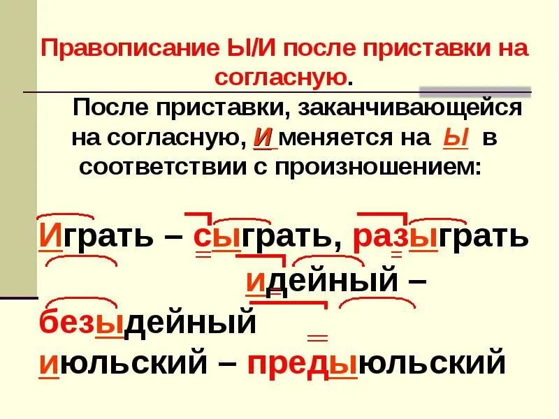 Ы и после приставок и ц. Написание и ы после приставок. Правописание и ы после приставок. Правописание и ы после приставок правило. Правописание ы и и после приставок таблица.