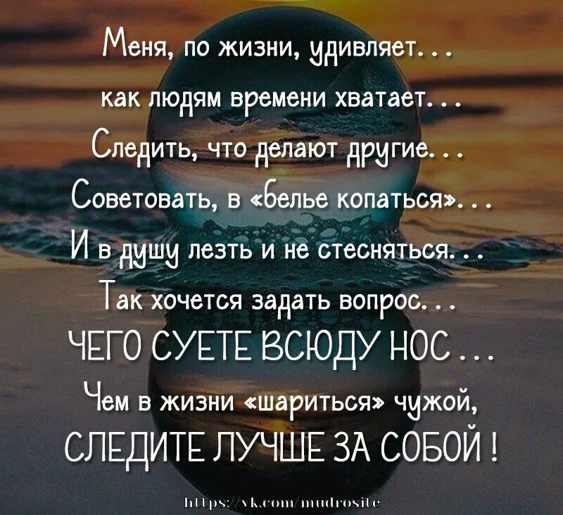 Меня по жизни удивляет как людям времени. Меня по жизни удивляет как людям времени хватает. Следить за чужой жизнью цитаты. Следите лучше за собой цитаты. Я хотел спросить вопрос