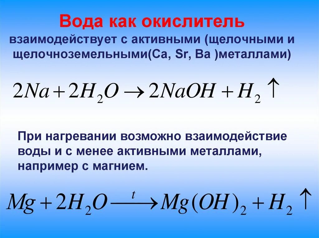 Взаимодействие с водой пример. Вода как окислитель. Взаимодействие щелочноземельных металлов с водой. Реакция металлов с водой. Взаимодействие активных металлов с водой.