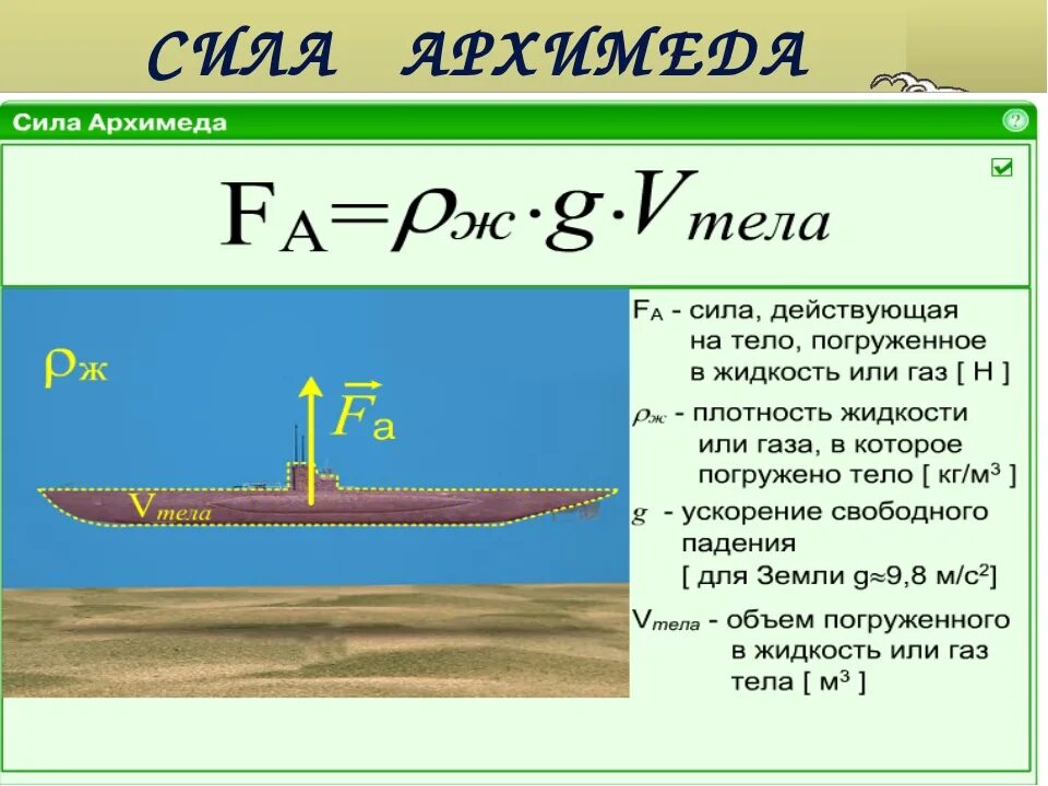 Каково водоизмещение судна если оно. Сила Архимеда формула физика 7 класс. Формула архимедовой силы 2 формулы. Формула силы Архимеда вес тела в жидкости. Формула для расчета силы Архимеда 7 класс.