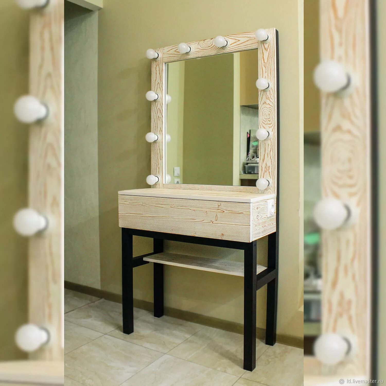 Столик зеркало с лампочками. Гримерный стол лофт. Лофт гримерный стол с зеркалом. Туалетный столик с зеркалом. Туалетный столик с зеркалом и лампочками.