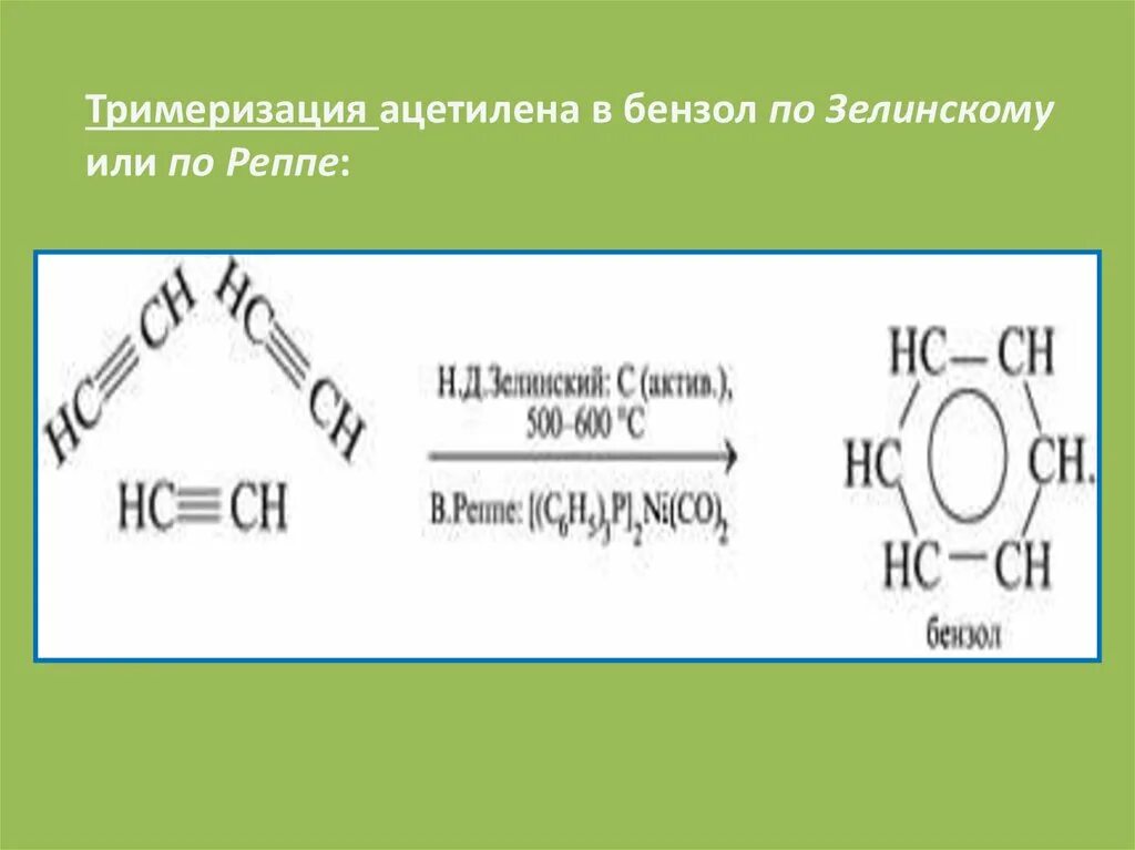 Алкины реакция тримеризации. Реакция Зелинского тримеризация. Тримеризация ацетилена реакция. Ацетилен бензол. Тримеризация ацетилена в бензол реакция