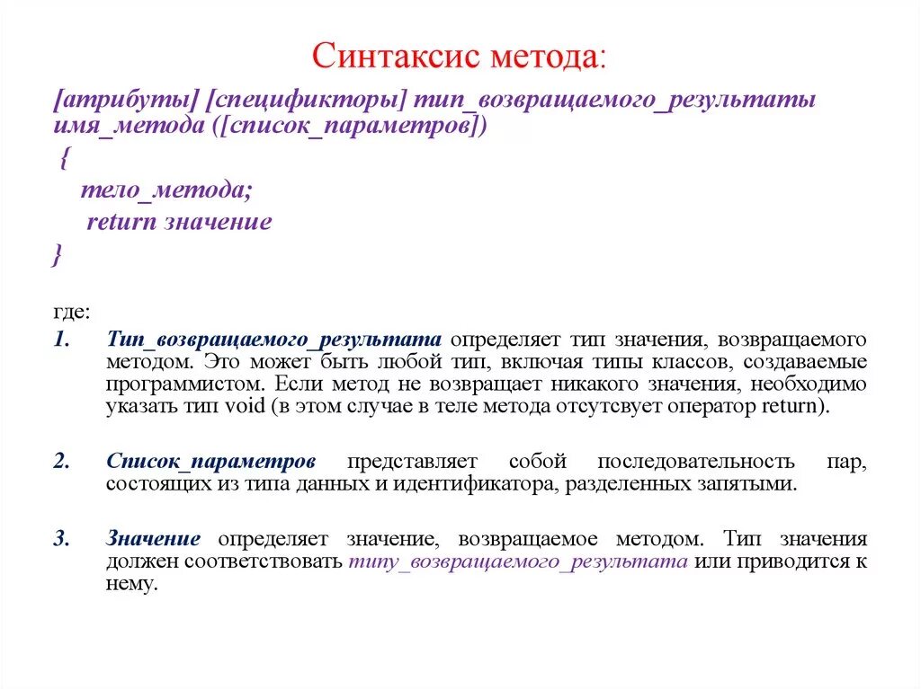 Синтаксич метода. Понятие синтаксиса. Синтаксис метода c#. Синтаксис процедуры и функции. Возвращающий тип c