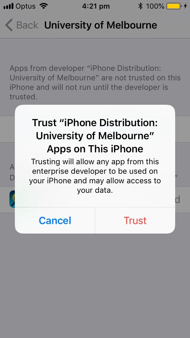 Allow once. INSTAVR. Trusted application IOS. This app. The developer has Removed this app from the app Store.