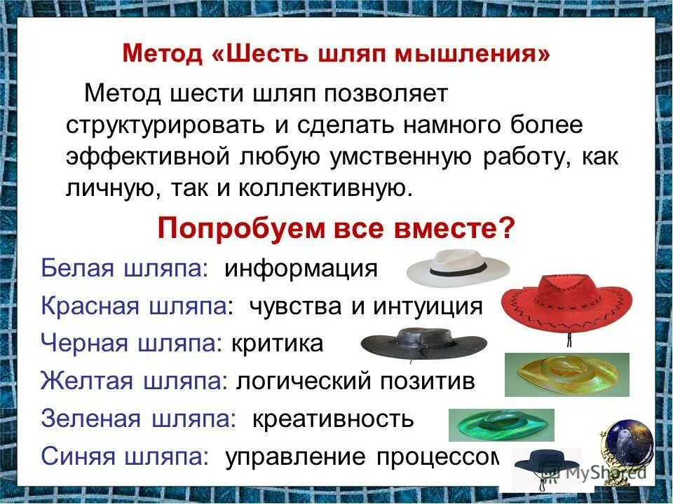 6 шляп мышления де боно. 6 шляп эдварда де боно. Метод 6 шляп примеры. Методика эдварда де боно шесть шляп. Метод 6 шляп боно.