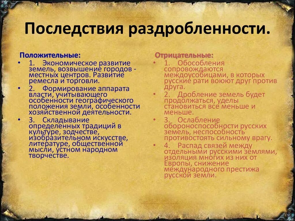 Причины раздробленности положительные и отрицательные последствия. Положительные и отрицательные последствия раздробленности. Положительные и отрицательные последствия раздробленности Руси. Позитивные и негативные последствия раздробленности. Отрицательными сторонами обособления русских земель было.