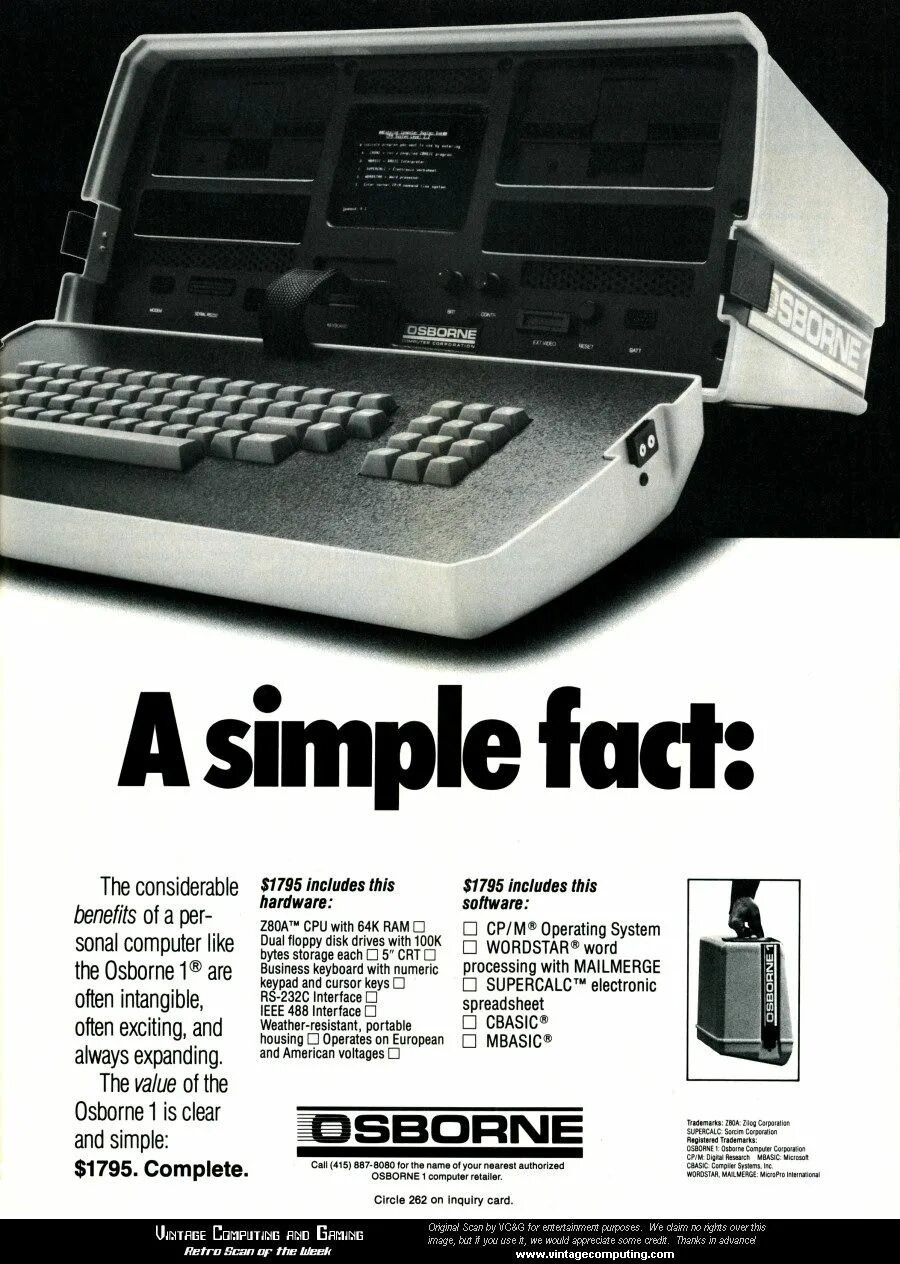Computer ad. Osborne 1 — первый коммерчески успешный портативный микрокомпьютер. ноутбук осборн 1. ретро компьютер osborne 1. -osborne 1 portable computer, 1981.