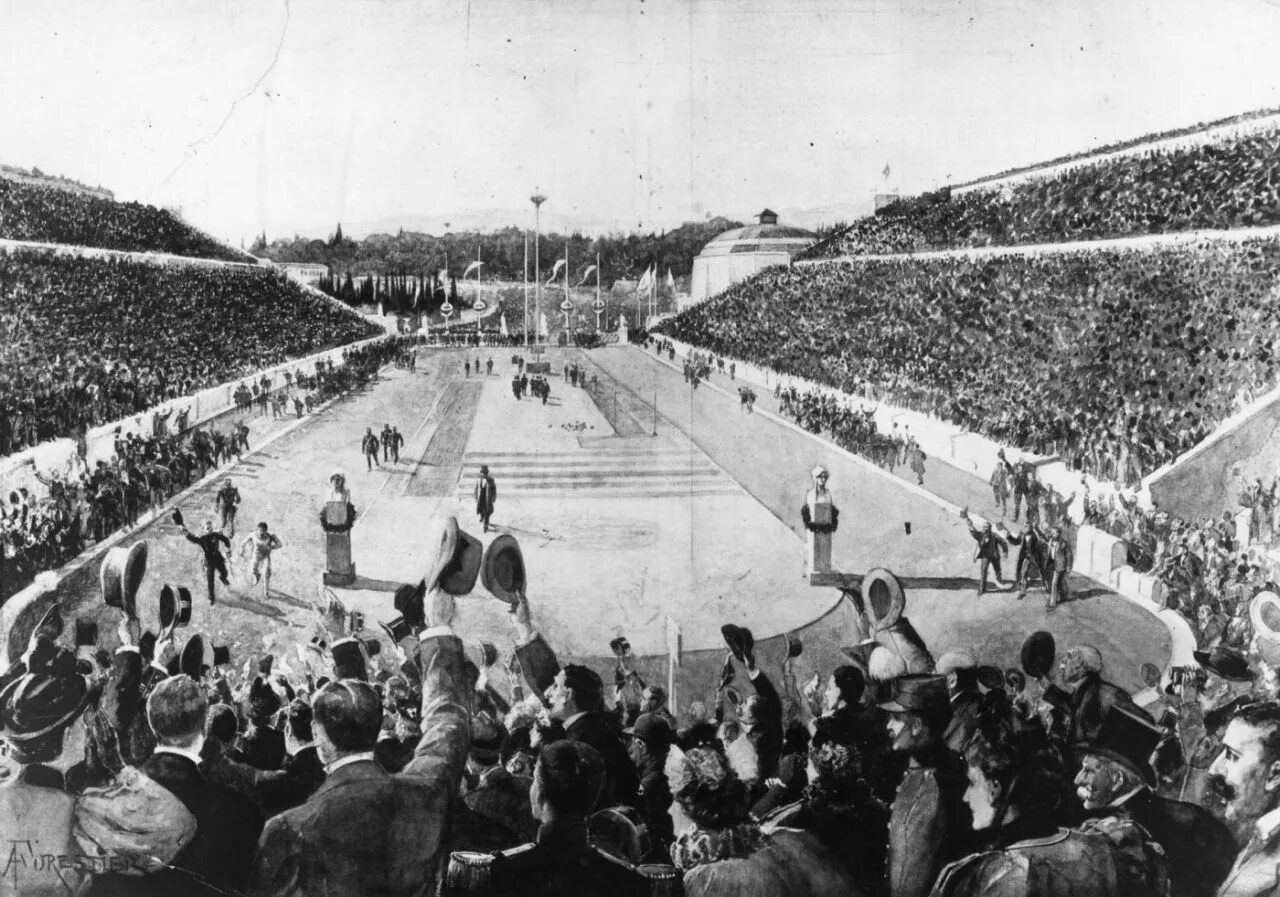 Олимпийские игры в Афинах 1896. Олимпийские стадион Афины 1896. Легкая атлетика Афины 1896 года. Мраморный стадион в Афинах 1896.