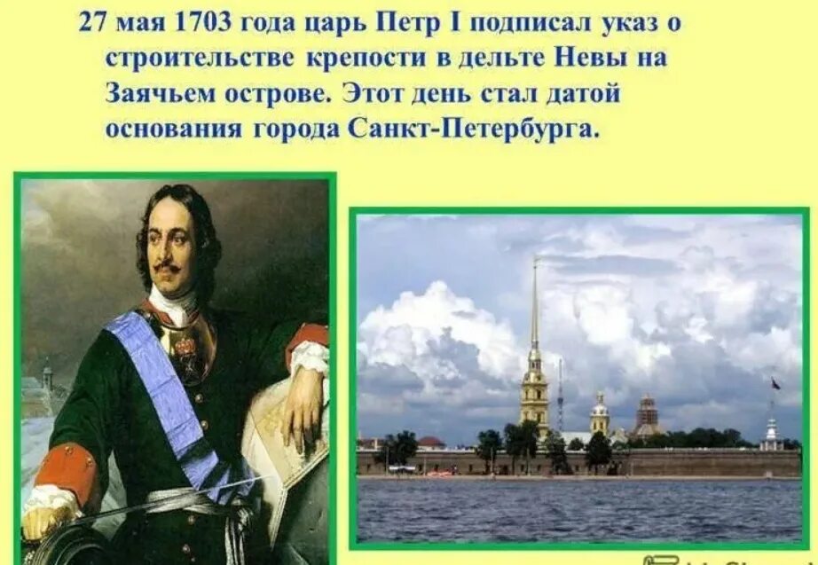 Какие города появились при петре 1. 27 Мая 1703 года день основания Петром 1 города Санкт-Петербург.
