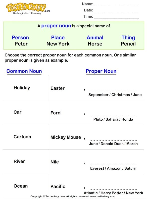 Choose the correct person. Proper Nouns and common Nouns. Choose Noun. Sentences with Nouns. A/an for Nouns.