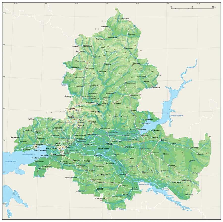 Карта ростовской области с городами и районами. Ростовская карта Ростовской области. Физическая карта Ростовской области. Рельеф Ростовской области карта. Карта рек Ростовской области.