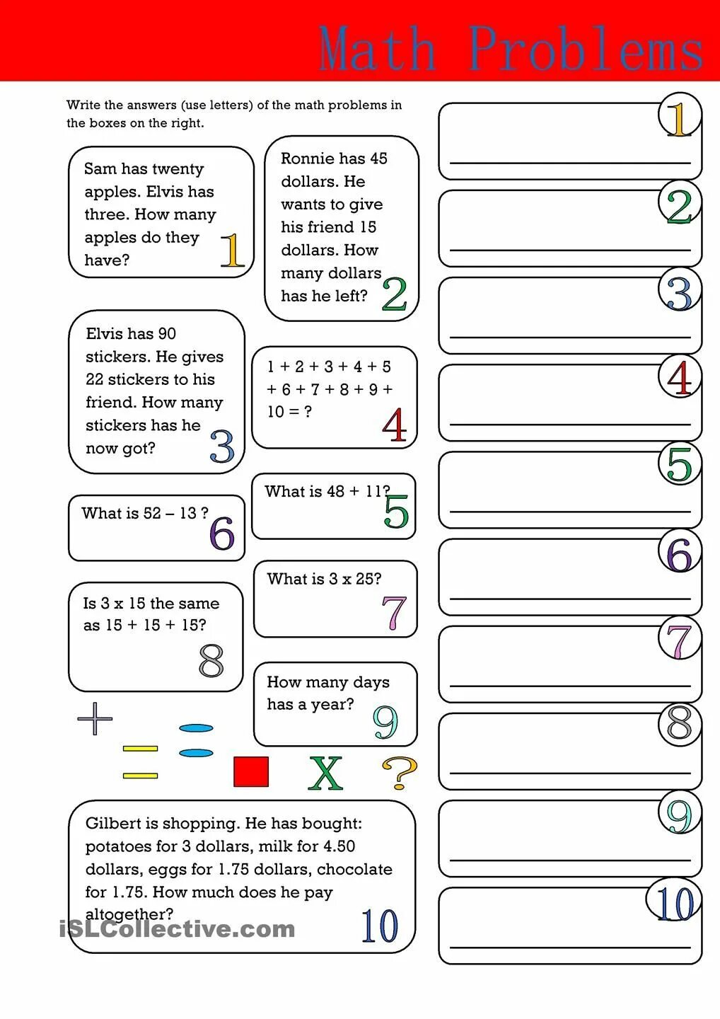 Mathematics problems. Math problems for Kids. Math tasks for Kids in English. Math problems in English. Maths in English for Kids.