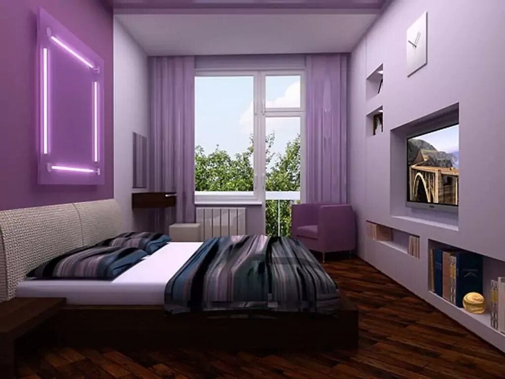 Спальня в фиолетовых тонах. Спальня в узкой длинной комнате. Спальня в хрущевке в сиреневых тонах. Узкая спальня с балконом.