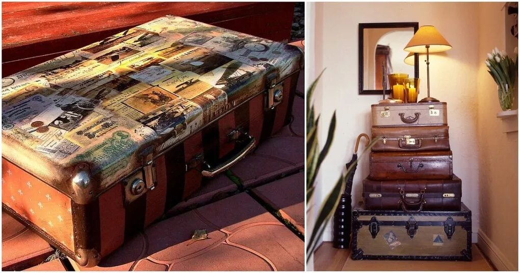 Вторая жизнь дверей. Чемодан в интерьере. Переделка старого чемодана. Декор из старого чемодана. Старые чемоданы в интерьере.