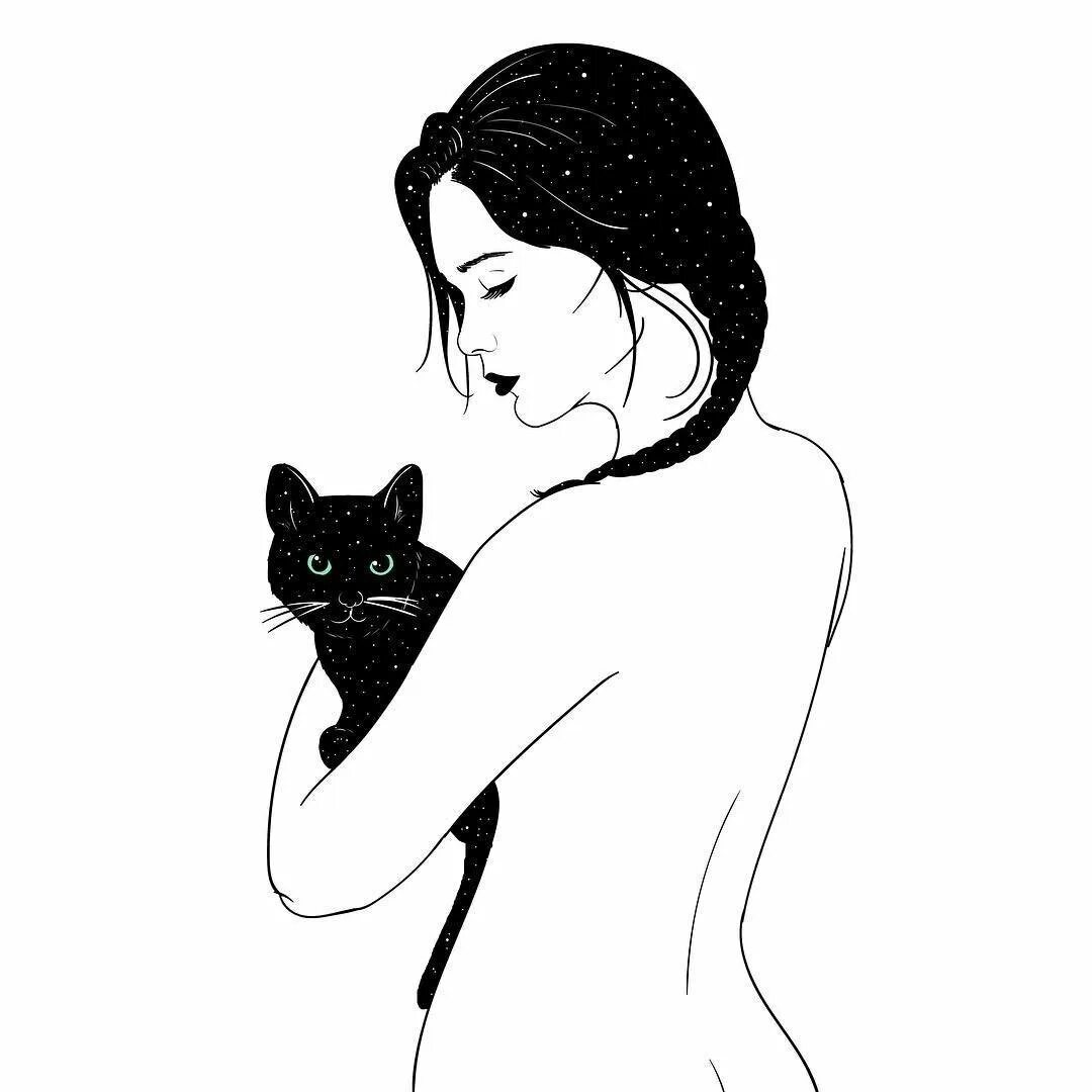 Кошка рисунок. Девушка с котом. Красивая девушка с котом. Женщина с черным котом. Черно белый котенок девочка