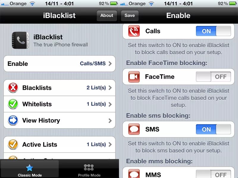 Программа для джейлбрейка iphone. Iphone Blacklist. SMS activity. Mode profiles.