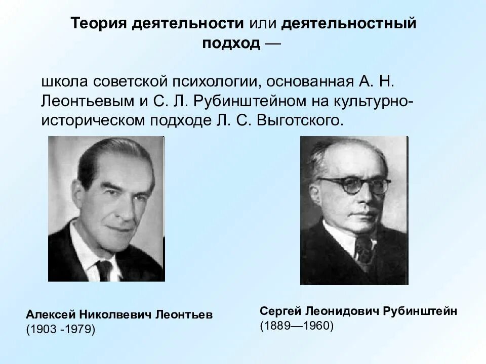 Теория деятельности применение. Деятельностная теория Леонтьева Рубинштейна. Психологическая теория деятельности Леонтьев а.н и Рубинштейна. Рубинштейн и Леонтьев теория деятельности. Деятельный подход в психологии Леонтьев и Рубинштейн.