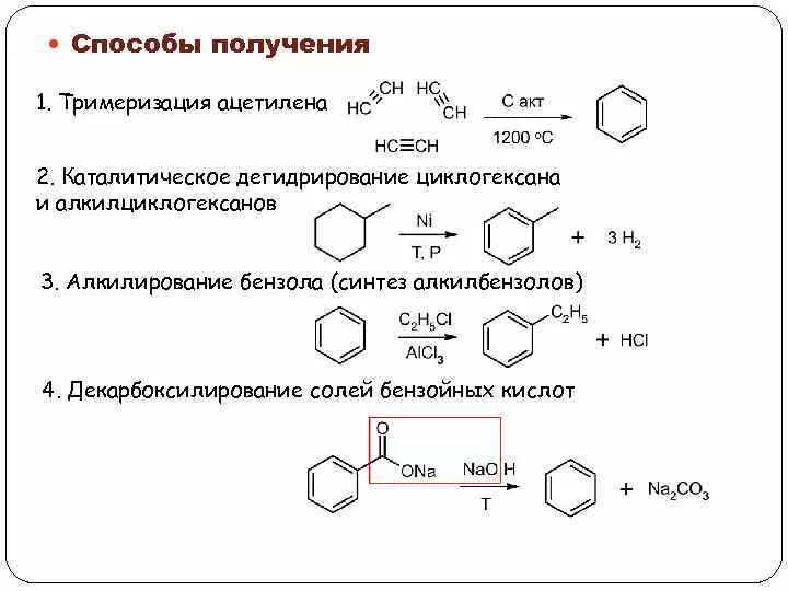 Реакцией тримеризации получают. Циклогексен алкилирование. Каталитическое дегидрирование бензола. Способы получения тримеризация ацетилена. Каталитическое дегидрирование метилциклогексана.
