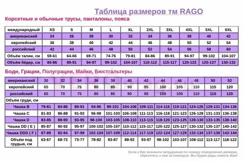 Размерная сетка нижнего белья
