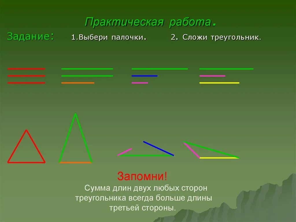 Сумма длин 2 сторон треугольника всегда. Задачи треугольники полочки. Длины сторон сложить треугольник. Сумма любых двух сторон треугольника больше третьей стороны. Сложение 3 сторон треугольника.